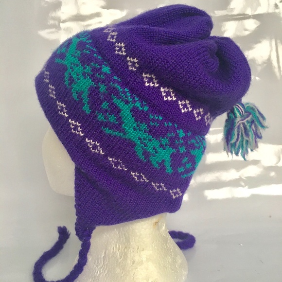 Gordini Hat Beanie Toque Pompom Braided Ties Purple Green Ear Covering - Picture 7 of 9